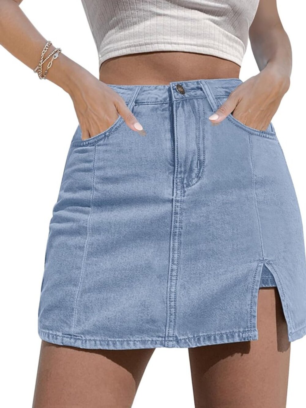High Waisted Stretchy Denim Jean Skort for Women - Mini Skirt with Side Slit